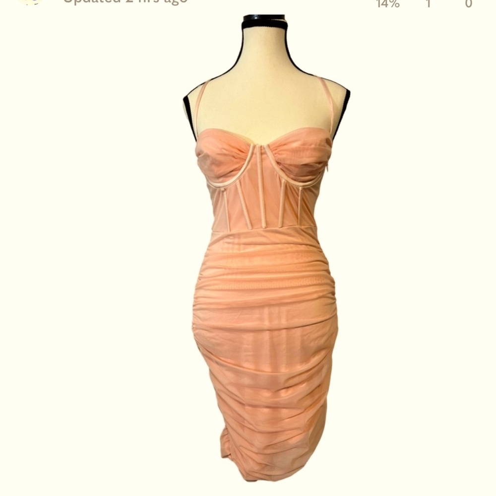 Oh Polly “Cherish Me”  Midi Women’s Dress with Mesh Overlay & Ruche Size 6